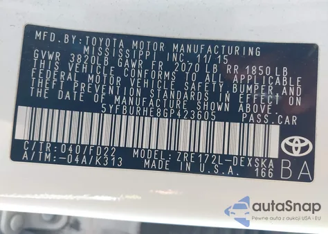 2016 Toyota Corolla S Plus из США, поврежденный, VIN 5YFBURHE8GP423605